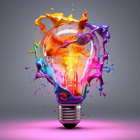 Light bulb creative colored dust powder smoke splash explosion. Colorful electricity paint creativity concept idea.の素材