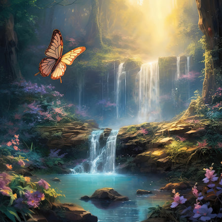 Beautiful Lush Waterfall.waterfall nature flowers butterflies backgroundの素材
