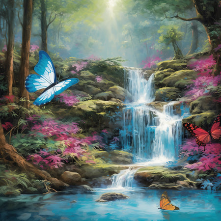 Beautiful Lush Waterfall.waterfall nature flowers butterflies backgroundの素材