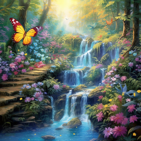 Beautiful Lush Waterfall.waterfall nature flowers butterflies backgroundの素材
