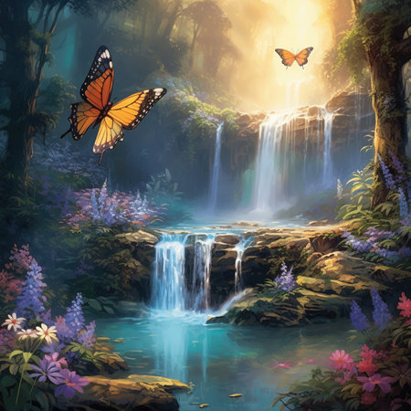 Beautiful Lush Waterfall.waterfall nature flowers butterflies backgroundの素材