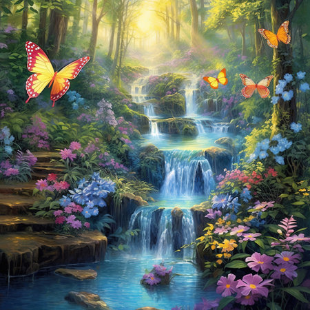 Beautiful Lush Waterfall.waterfall nature flowers butterflies backgroundの素材
