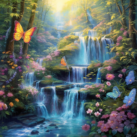 Beautiful Lush Waterfall.waterfall nature flowers butterflies backgroundの素材