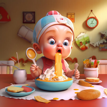 funny baby eats breakfast.3d illustrationの素材