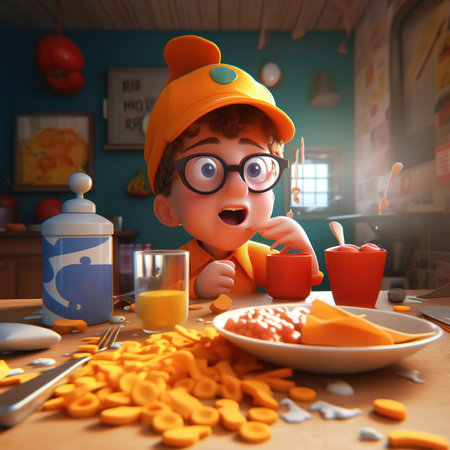funny child eats breakfast.3d illustrationillustrationの素材