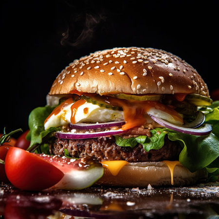 Close-up of home made tasty burger. Vegan tasty burger on dark background.の素材
