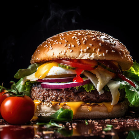 Close-up of home made tasty burger. Vegan tasty burger on dark background.の素材