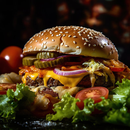 Close-up of home made tasty burger. Vegan tasty burger on dark background.の素材