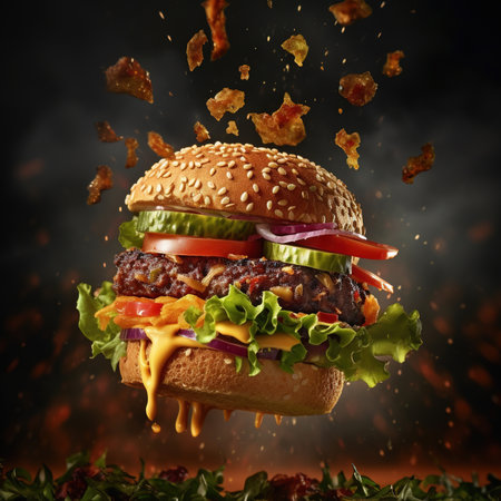 Close-up of home made tasty burger. Vegan tasty burger on dark background.の素材