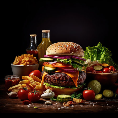 Burger. Close-up of home made tasty burger. Vegan tasty burger on dark background.の素材