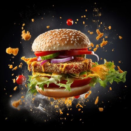 Burger. Close-up of home made tasty burger. Vegan tasty burger on dark background.の素材