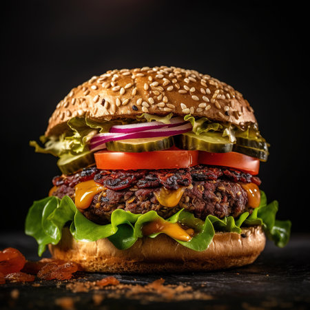 Burger. Close-up of home made tasty burger. Vegan tasty burger on dark background.の素材