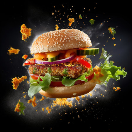 Burger. Close-up of home made tasty burger. Vegan tasty burger on dark background.の素材