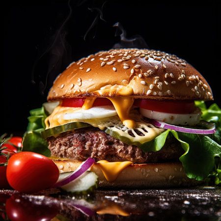 Close-up of home made tasty burger. Vegan tasty burger on dark background.の素材