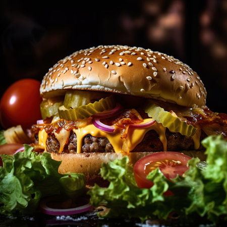Close-up of home made tasty burger. Vegan tasty burger on dark background.の素材