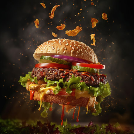 Close-up of home made tasty burger. Vegan tasty burger on dark background.の素材