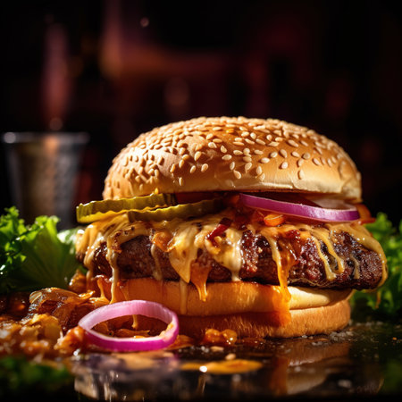 Close-up of home made tasty burger. Vegan tasty burger on dark background.の素材