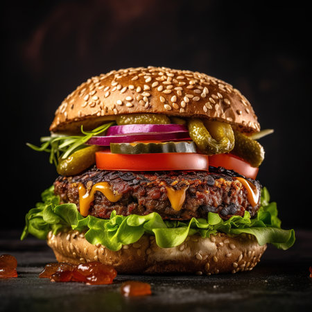 Burger. Close-up of home made tasty burger. Vegan tasty burger on dark background.の素材
