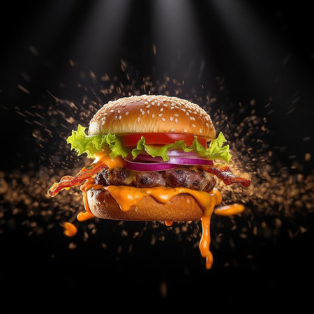 Close-up of home made tasty burger. Vegan tasty burger on dark background.の素材