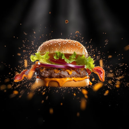 Close-up of home made tasty burger. Vegan tasty burger on dark background.の素材