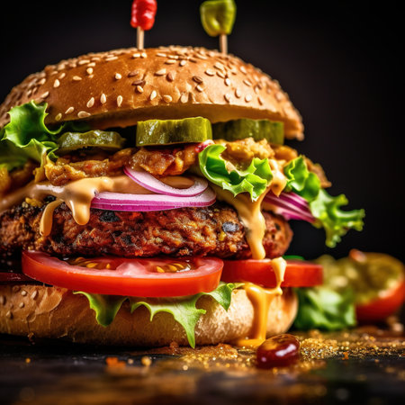 Burger. Close-up of home made tasty burger. Vegan tasty burger on dark background.の素材