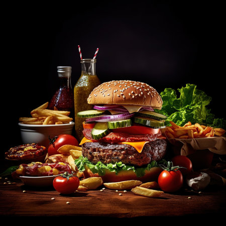 Burger. Close-up of home made tasty burger. Vegan tasty burger on dark background.の素材