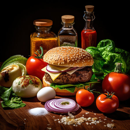 Burger. Close-up of home made tasty burger. Vegan tasty burger on dark background.の素材