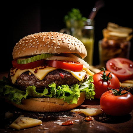 Burger. Close-up of home made tasty burger. Vegan tasty burger on dark background.の素材