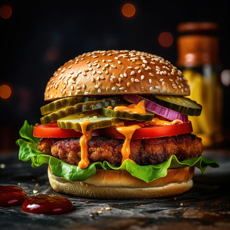 Burger. Close-up of home made tasty burger. Vegan tasty burger on dark background.の素材