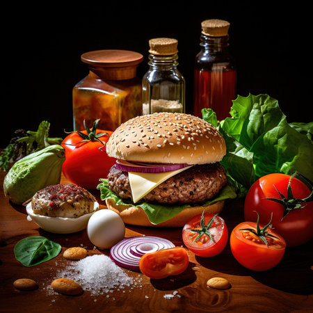 Burger. Close-up of home made tasty burger. Vegan tasty burger on dark background.の素材