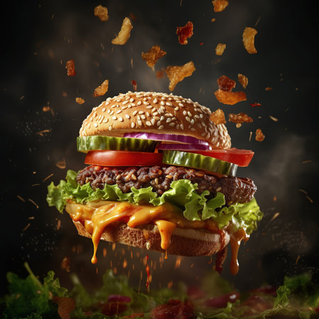 Close-up of home made tasty burger. Vegan tasty burger on dark background.の素材
