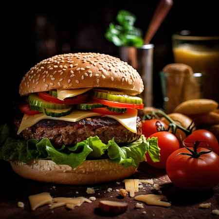 Burger. Close-up of home made tasty burger. Vegan tasty burger on dark background.の素材