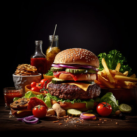 Burger. Close-up of home made tasty burger. Vegan tasty burger on dark background.の素材