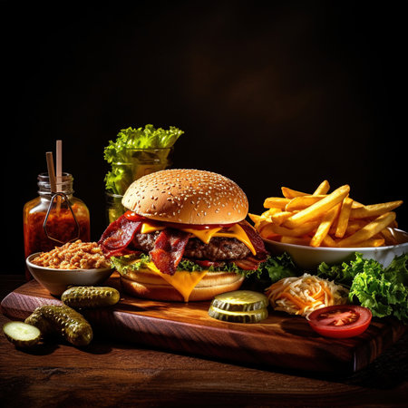 Burger. Close-up of home made tasty burger. Vegan tasty burger on dark background.の素材