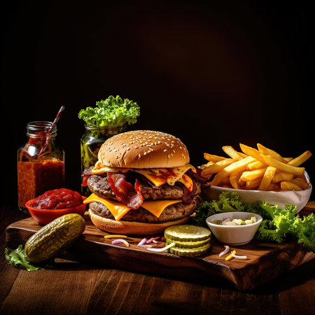 Burger. Close-up of home made tasty burger. Vegan tasty burger on dark background.の素材