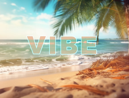 Sunny tropical beach with palm trees and turquoise water, caribbean island vacation, hot summer dayの素材