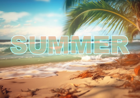 Sunny tropical beach with palm trees and turquoise water, caribbean island vacation, hot summer dayの素材