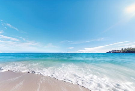 Sunny tropical beach with palm trees and turquoise water, caribbean island vacation, hot summer dayの素材