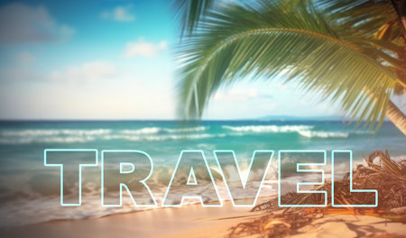 Sunny tropical beach with palm trees and turquoise water, caribbean island vacation, hot summer dayの素材