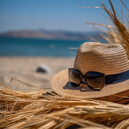 beach accessories on sandy - summer backgroundの素材