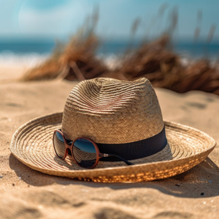 beach accessories on sandy - summer backgroundの素材