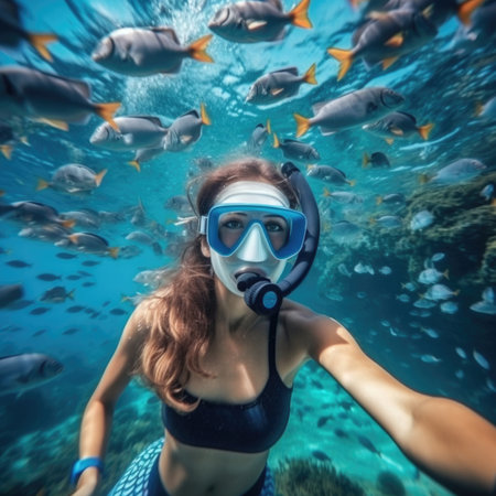 Happy young woman swimming underwater in the tropical oceanの素材
