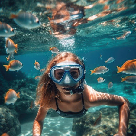 girl in snorkeling mask dive underwater with tropical fishes in coral reef sea pool.の素材