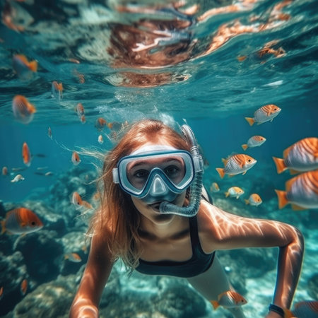Happy young woman swimming underwater in the tropical oceanの素材