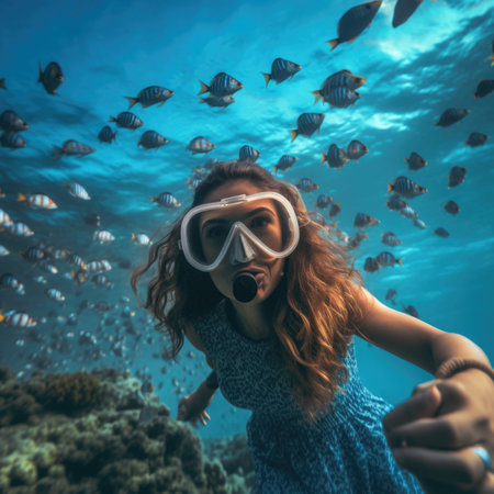 girl in snorkeling mask dive underwater with tropical fishes in coral reef sea pool.の素材