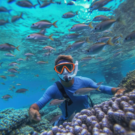 Man dives among corals and fishes in the oceanの素材