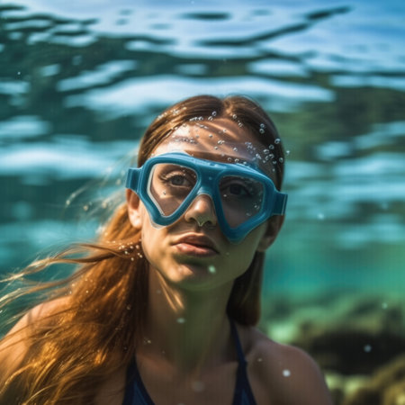 Woman  dives among corals and fishes in the oceanの素材