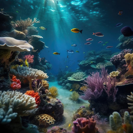 underwater paradise background coral reef wildlife nature collage with shark manta ray sea turtle colorful fish backgroundの素材
