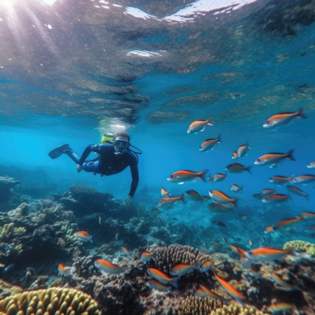 Man dives among corals and fishes in the oceanの素材