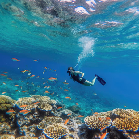 Man in snorkeling mask dive underwater with tropical fishes in coral reef sea pool.の素材